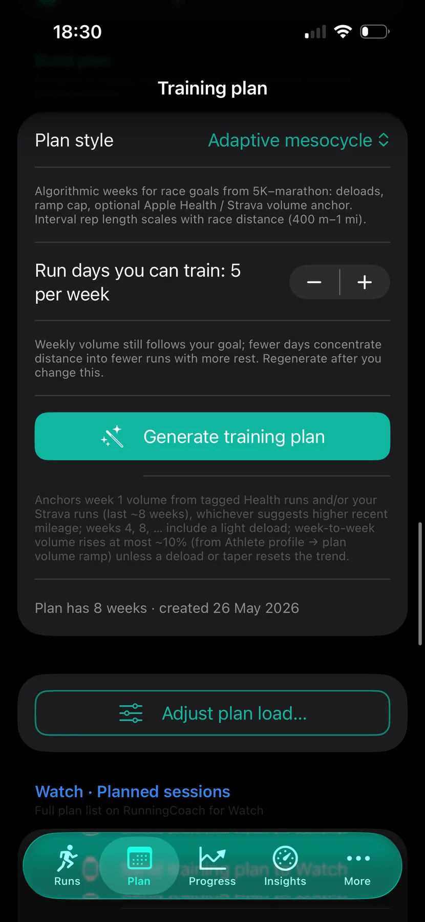 Running app adaptive training plan