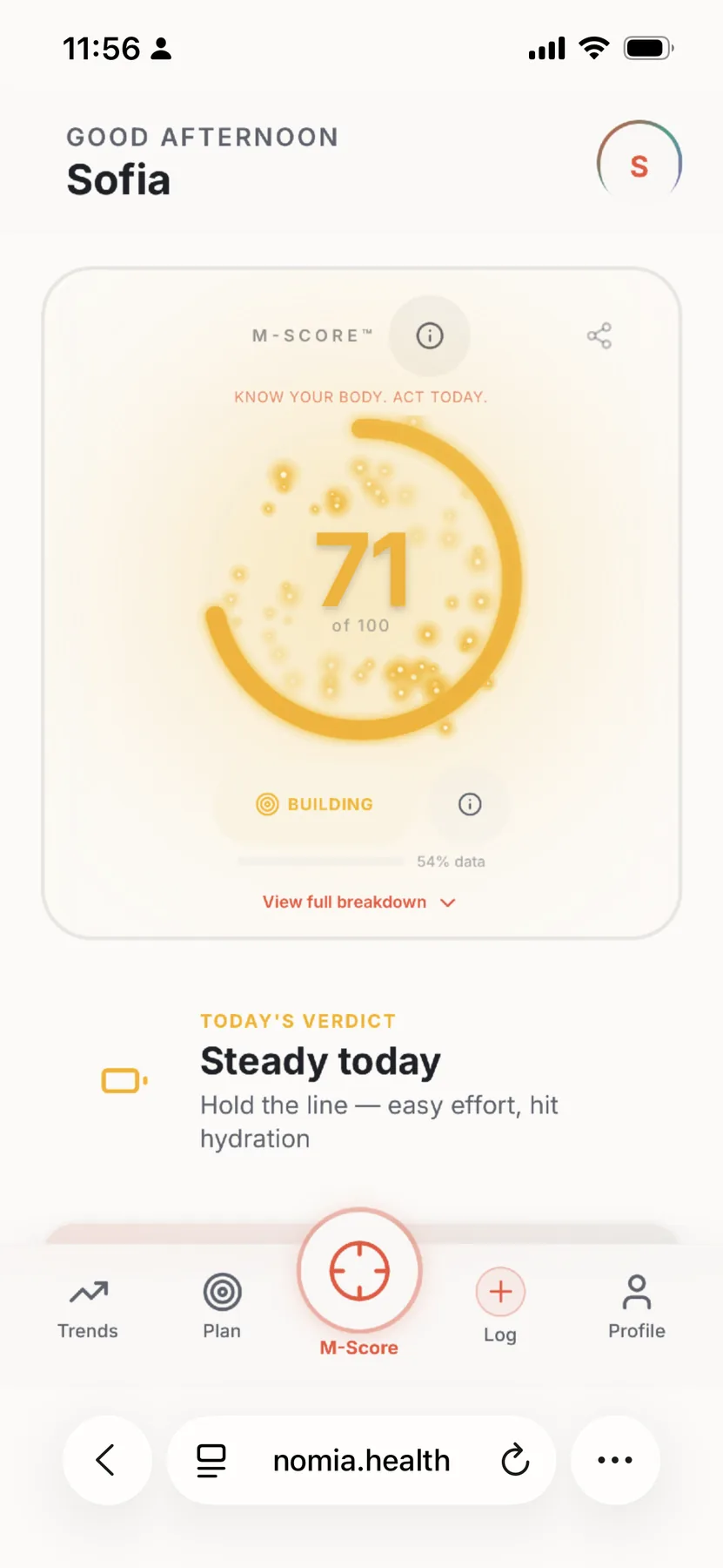 Nomia daily dashboard with M-Score