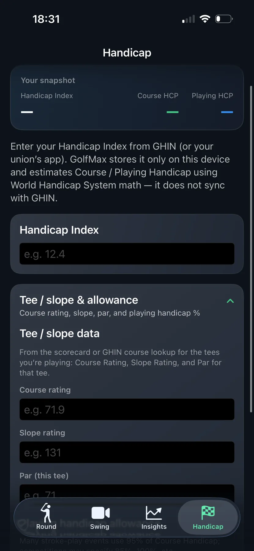 Golf app handicap and swing lab